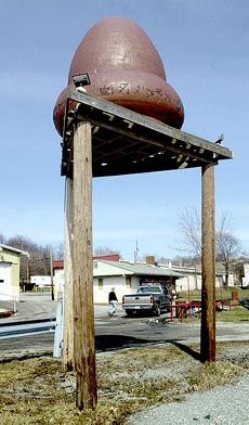 An alleged replica of an artifact supposedly recovered, erected in Kecksburg